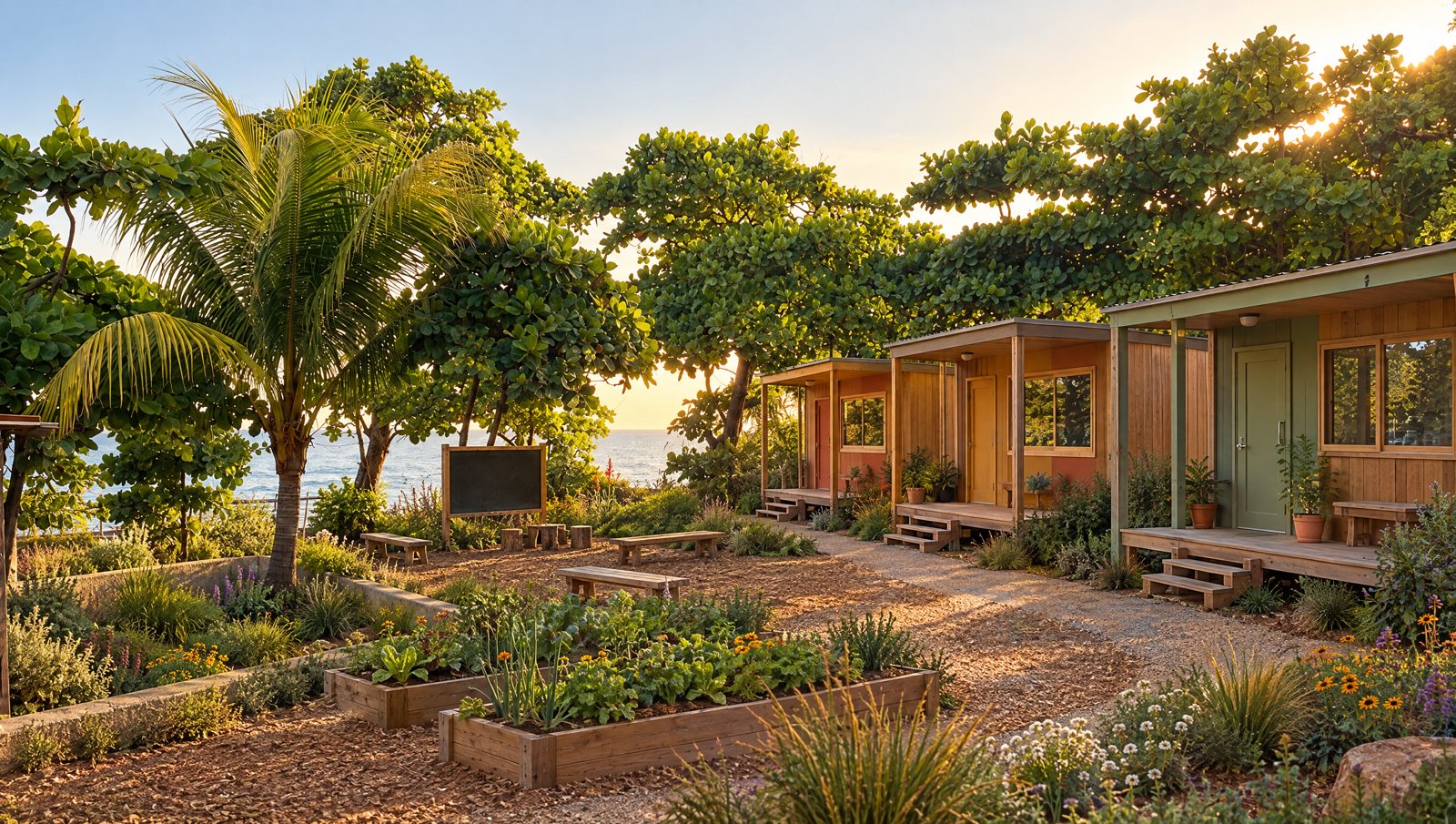 Imagen conceptual: tres pequeñas aulas de madera en un jardín con huertos elevados bajo grandes árboles, con el mar al fondo