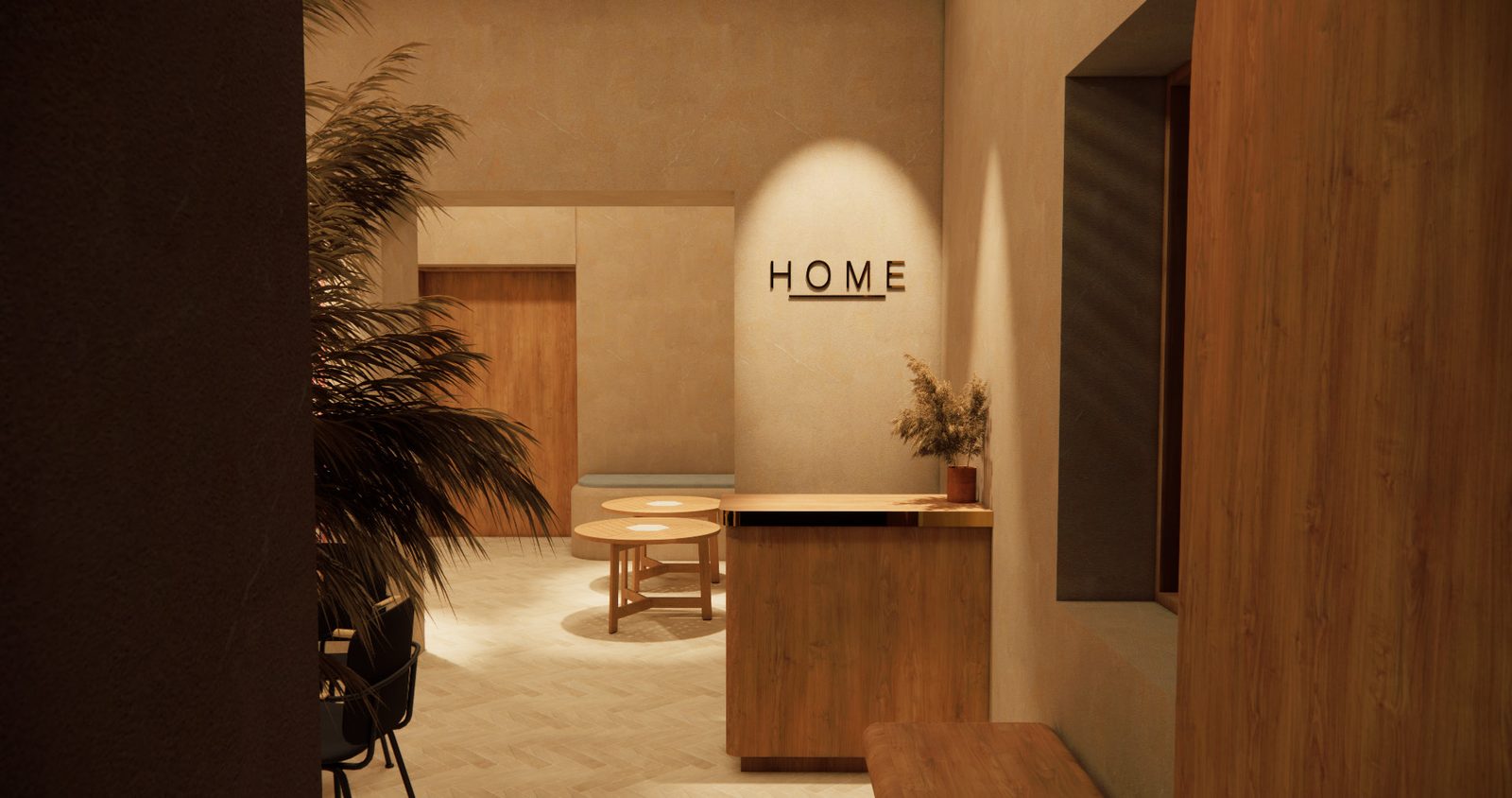 Render de una cálida recepción con el letrero HOME en la pared