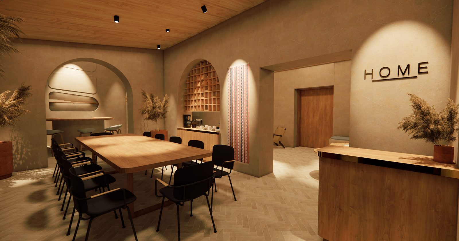 Render de un mostrador de recepción junto a una larga mesa de comedor