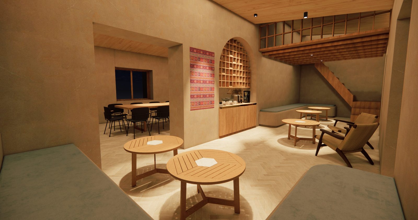 Render de una sala con mesas redondas, bancas y un entrepiso