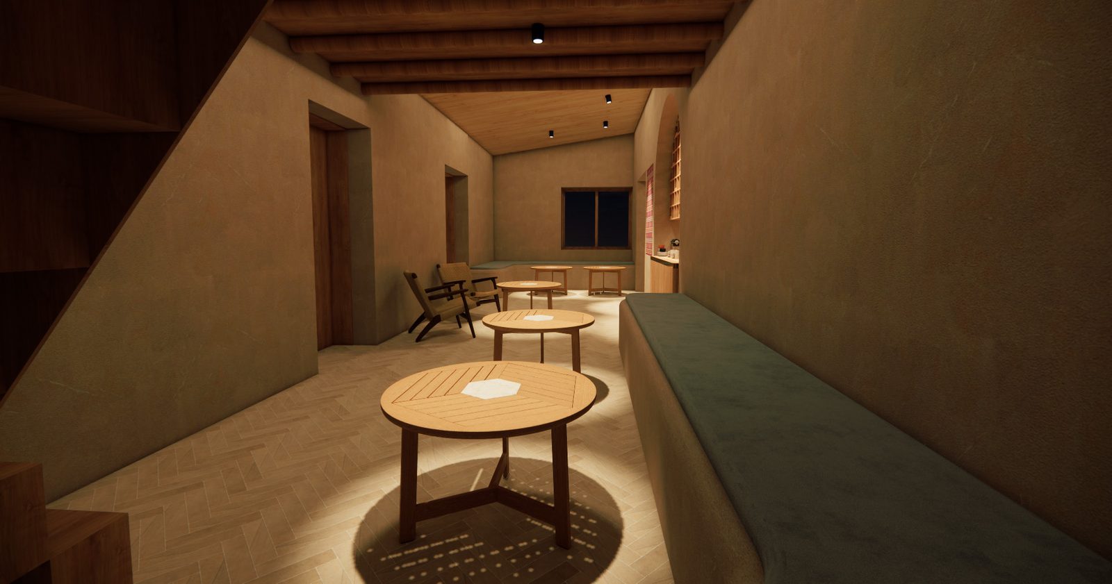 Render de una sala acogedora con mesas redondas y una larga banca