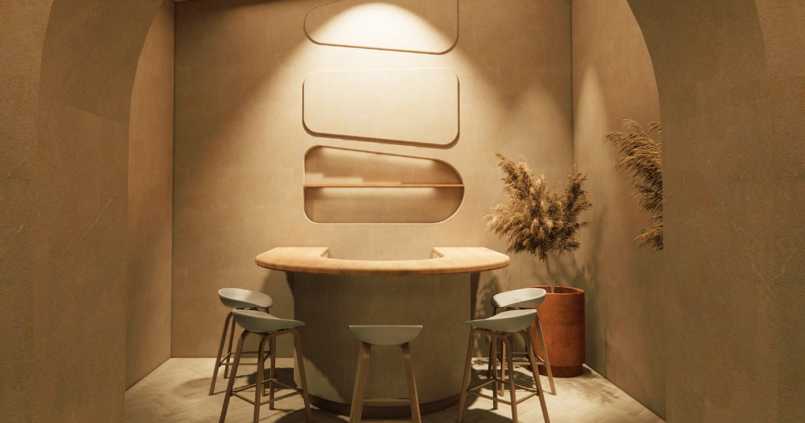 Render de una barra de madera curva con taburetes