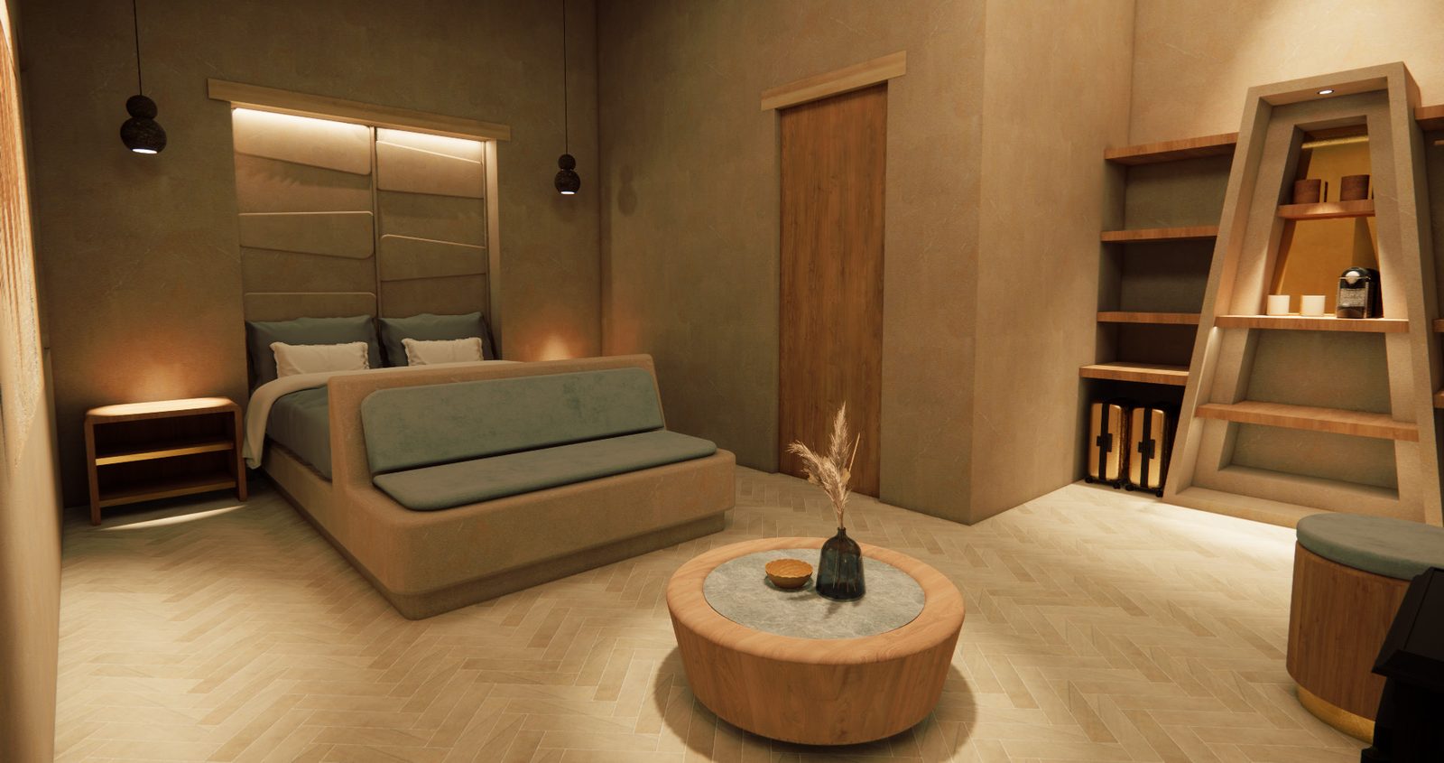 Render de un dormitorio con cama sofá y un mueble de estantes