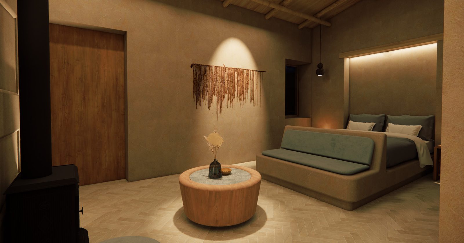 Render de un dormitorio con estufa, mesa redonda y tapiz de pared