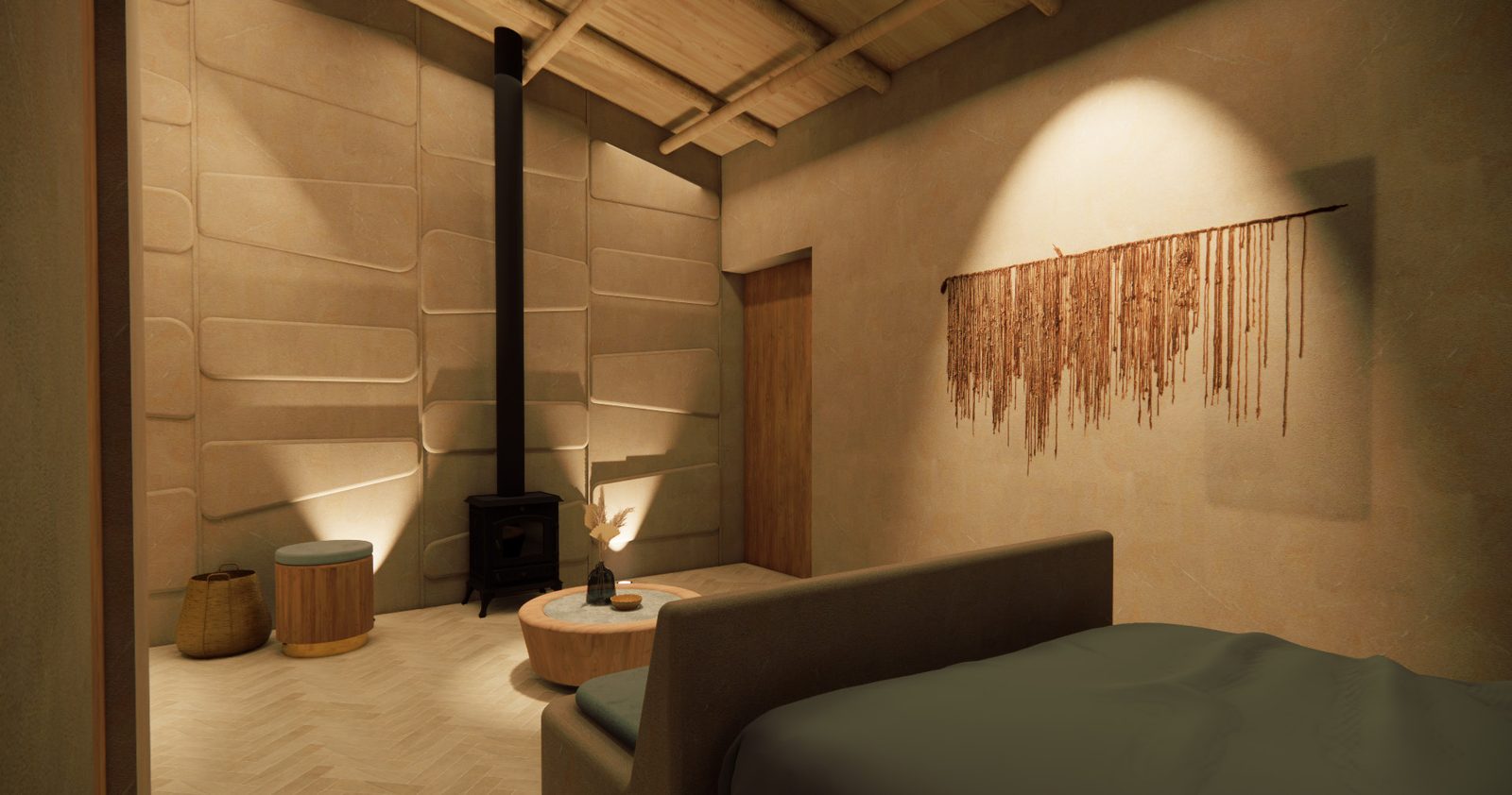 Render de un rincón del dormitorio con estufa de leña y arte mural