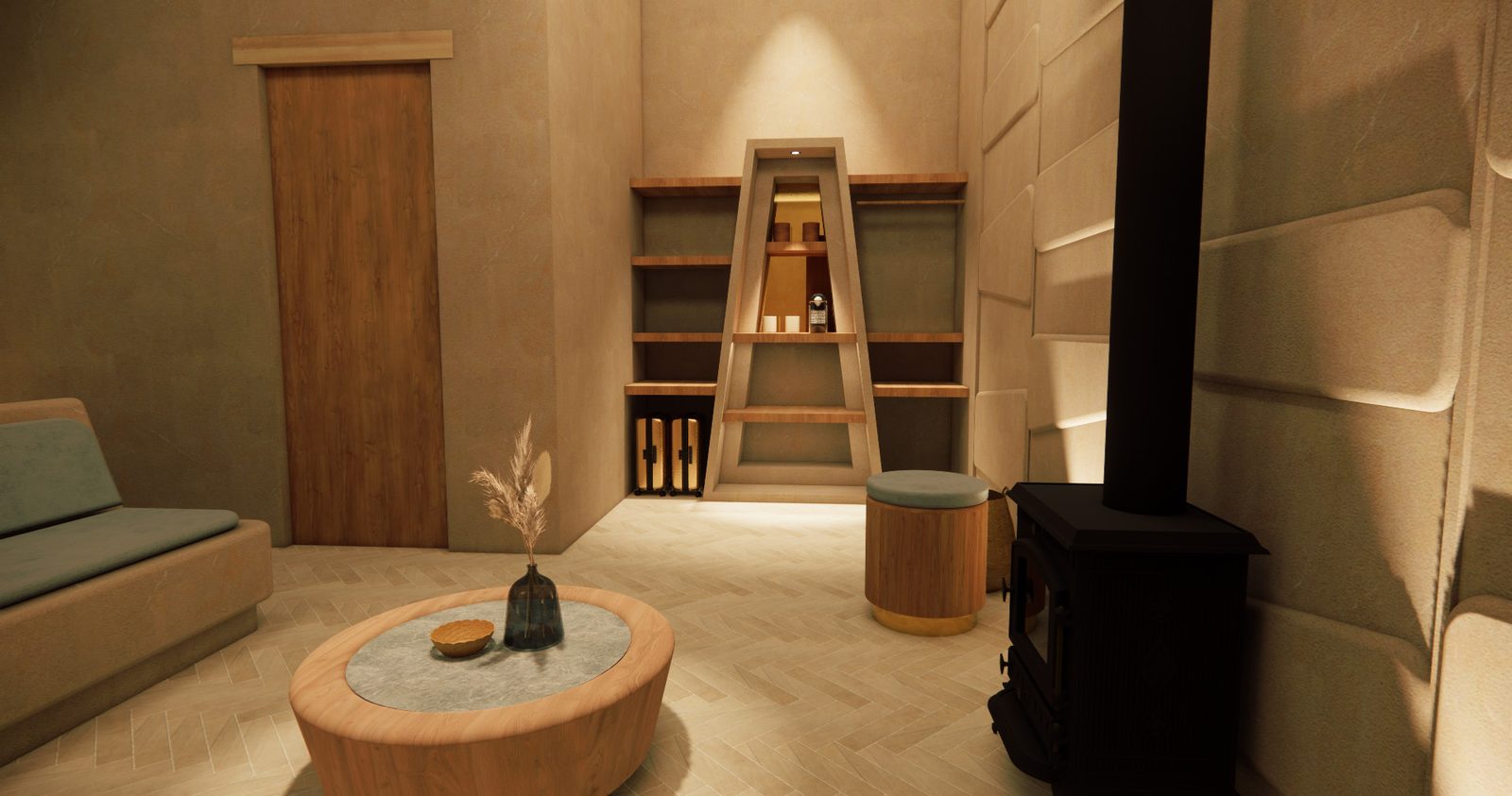 Render de un rincón de estar con estufa y estante alto